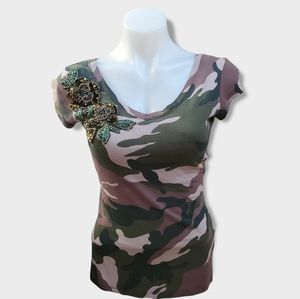INC Women's Camo Green Sequined T-Shirt Top